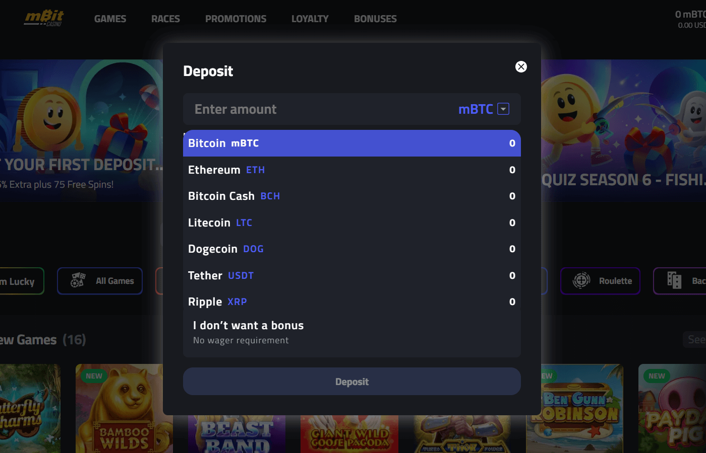 mBitcasino.io Deposit page